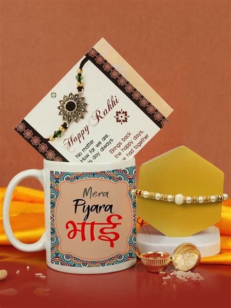 Buy | Premium Pearl Rakhi With Mug & Card Gift Set | Tied Ribbons