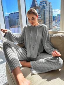 Drop Shoulder Drawstring Hooded Lounge Set | SHEIN USA