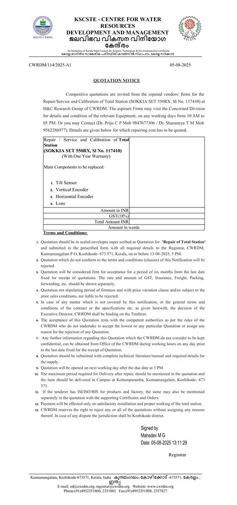 Competitive quotations are invited for the Repair/Service and ...