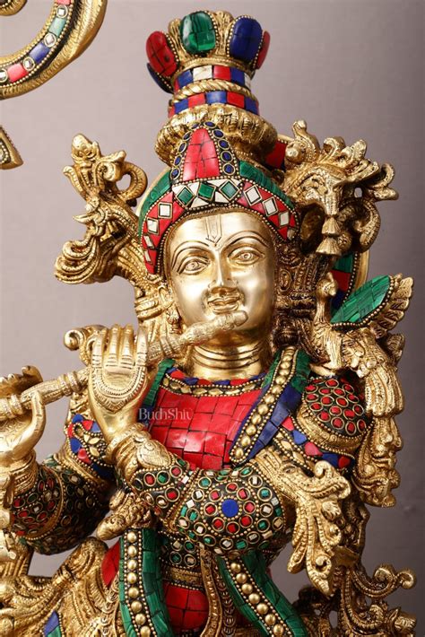 Buy 45" Brass Radha Krishna with Peacock Temple Arch Meenakari statues ...