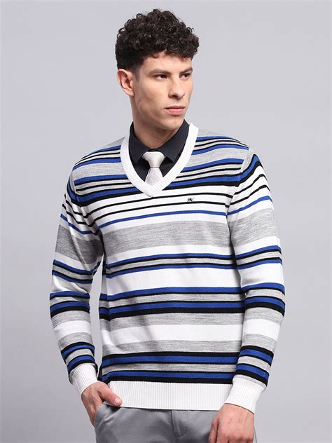 Buy Men White & Blue Stripe V Neck Full Sleeve Pullover Online in India ...