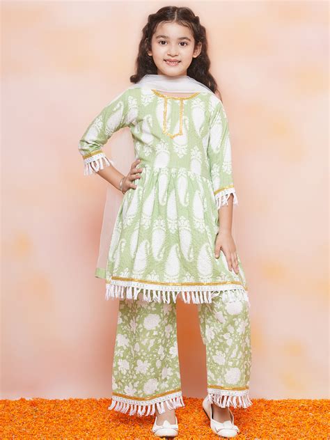 Kids Girls Green Floral Print Cotton Sharara – AJ Dezines