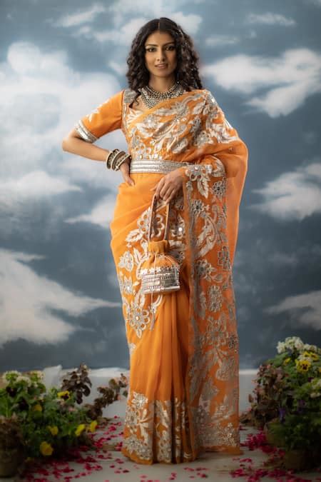 Buy Orange Silk Organza Sequins, Zari Abhilasha Floral Jaal Embroidered ...