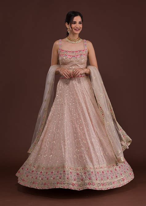 Buy Peach Sequins Georgette Readymade Lehenga - Koskii