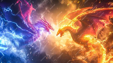 3d illustration Dragon Fighting epic battle between fire dragon and ...