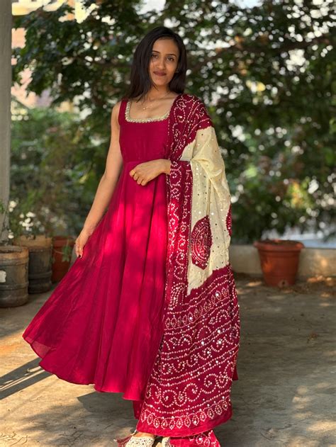 Maroon Anarkali with bandhani print and mirror work dupatta – LabelSeam