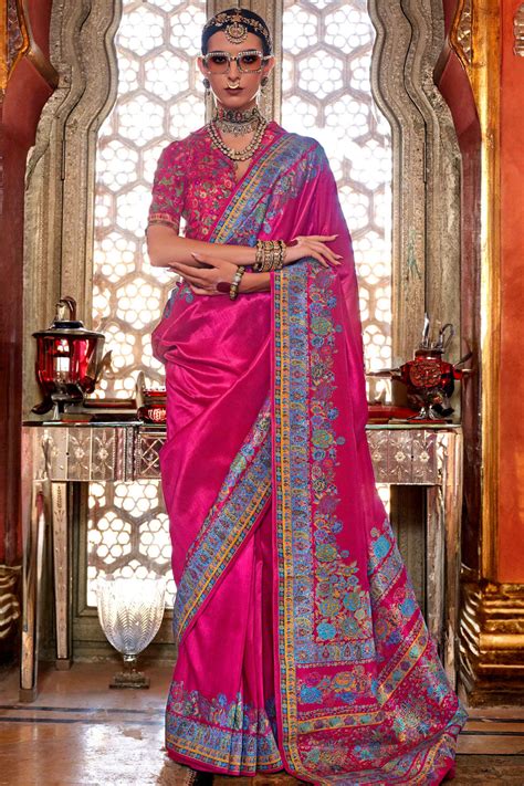 Buy Magenta Floral Printed Silk Saree From Designer Lehenga Choli
