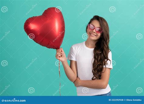 Happy Teen Girl in Sunglasses Hold Heart Party Balloon for Valentine Day Love Symbol, Romantic ...