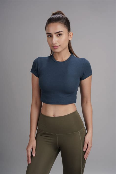 Carbontree Bamboo Women Rustic Blue Casual Crop Top - Buy on Upcycleluxe