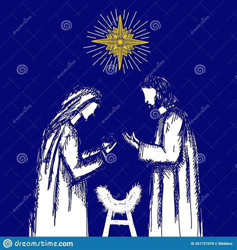 A Drawing of a Nativity Scene. Joseph and Mary with Little Jesus in a ...