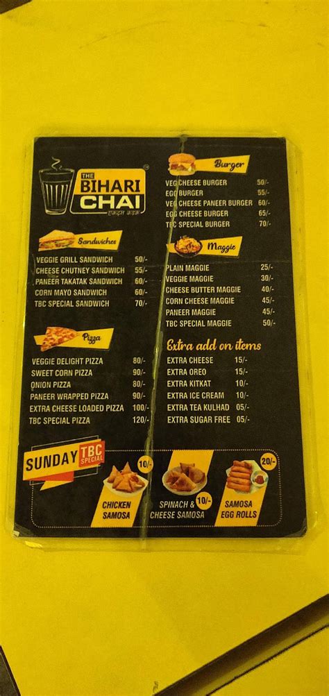 Menu at The Bihari Chai, Patna, Pethiya Bazar Danapur
