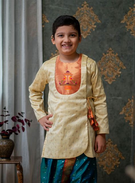 Beige raw silk jari butta, Angarkha short kurta with Paithani yoke for ...