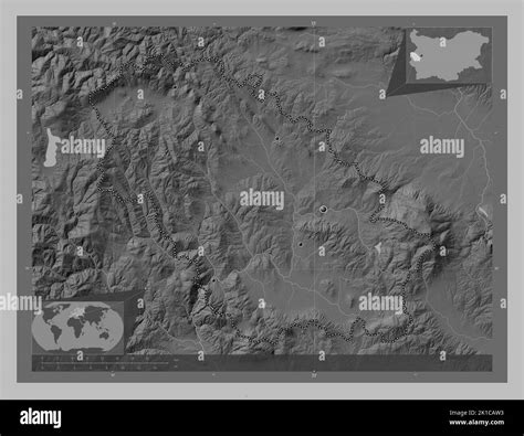 Pernik, province of Bulgaria. Grayscale elevation map with lakes and rivers. Locations of major ...
