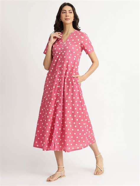Buy Pink Cotton Dabu Polka Fit & Flare Dress Online | Pink Fort – Pink ...