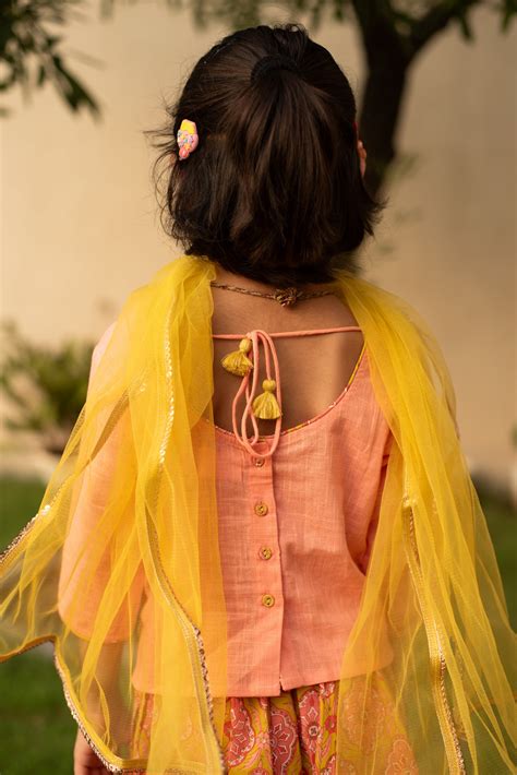 Peach Top with Mustard Skirt and Dupatta – Vari