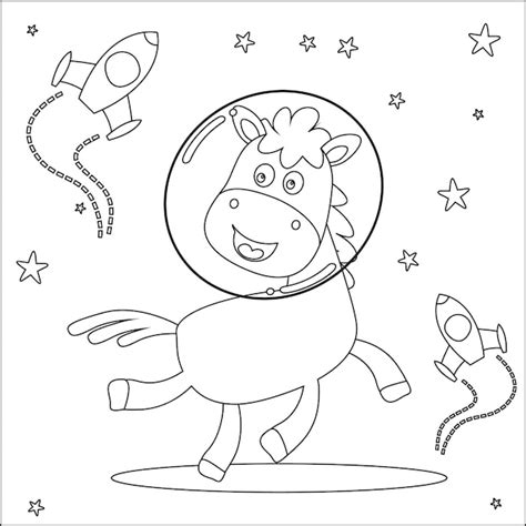 Niedlicher Pferde-Astronaut, der im Weltraum schwimmt. Cartoon für ...