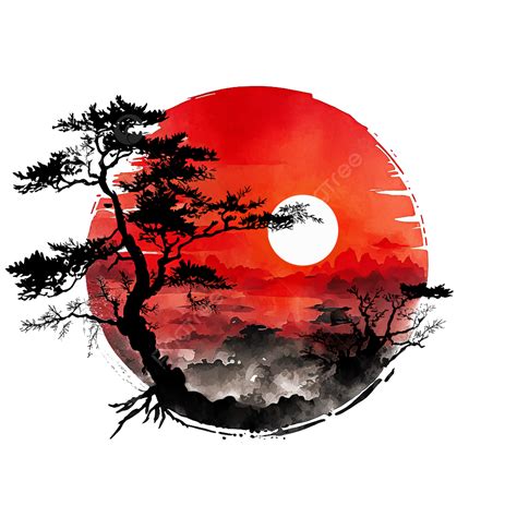 Japanese Ink With Red Sun Watercolor, Sun, Ink, Japanese PNG ...