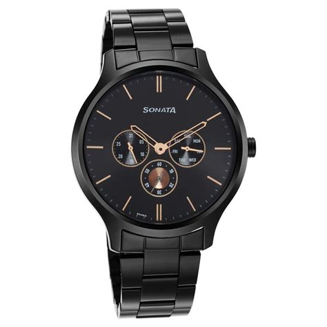 Buy Online Sonata Quartz Multifunction Black Dial Stainless Steel Strap ...