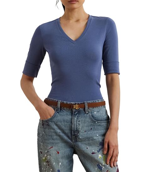 Lauren Ralph Lauren Stretch Cotton V-Neck Elbow Sleeve Tee Shirt ...