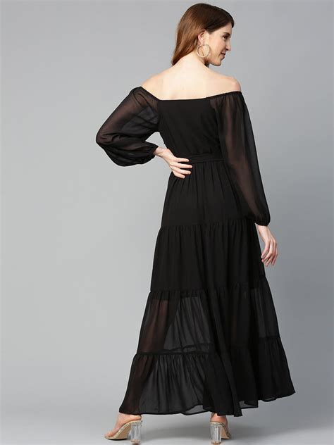 Buy Women Black Solid Semi Sheer Off Shoulder Maxi Tiered Dress ...