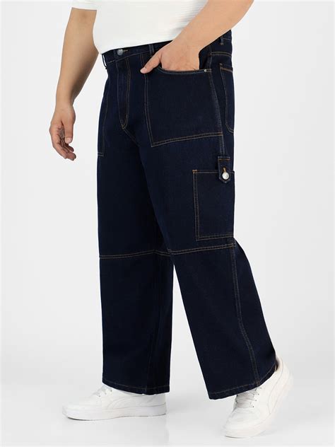 Plus Men's Dark Blue Loose Baggy Fit Washed Cargo Jeans With 6 Pockets ...
