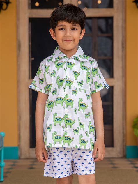 Dino Green Block Printed Cotton Shirt | Pinklay