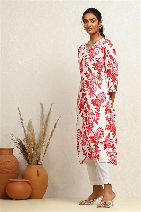 Buy Red and White Floral Printed Straight Kurta Online at Biba India