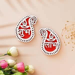 Buy eCraftIndia White & Red Buta or Paisley Shaped Wooden Shubh Labh ...