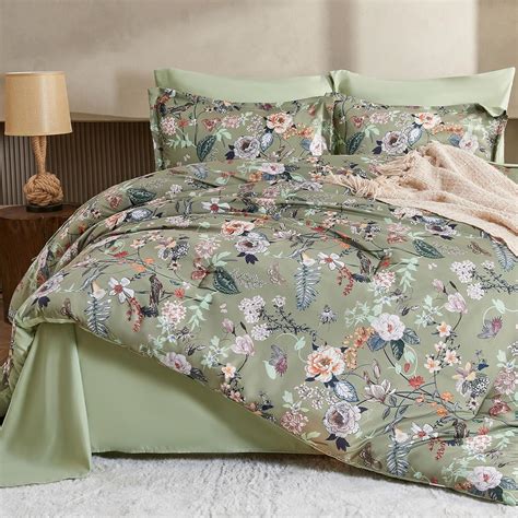 Amazon.com: 7 Piece Queen Comforter Set, Sage Green Butterfly Floral ...