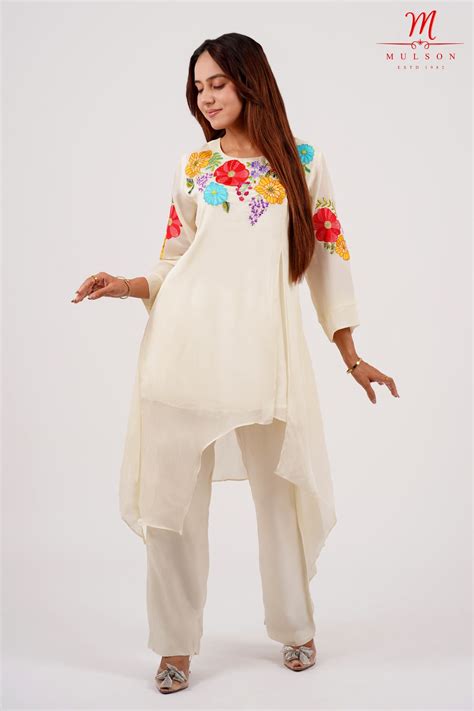 Off-White Asymmetric Kurta Set with Multicolor Floral Embroidery – Mul ...