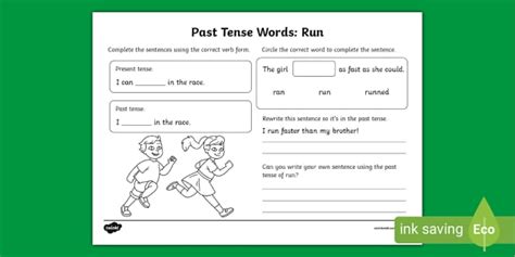 Past Tense Words - Run Worksheet (teacher made) - Twinkl
