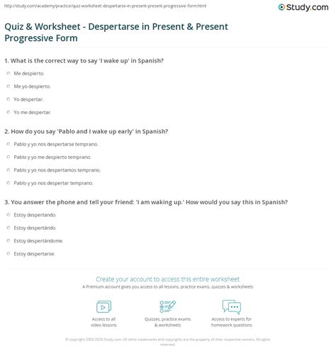 Quiz & Worksheet - Despertarse in Present & Present Progressive Form ...