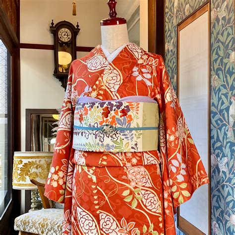 黄昏時の藤棚＊オレンジ 橙 立涌 たてわく 春 花 アンティーク小紋着物 B050 | kimono tento