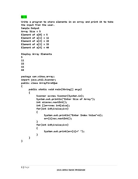 Java Array Basic Question-1 - 1 | Page Q:- Write a program to store ...