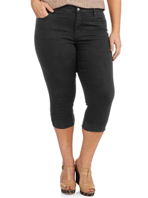 Faded Glory - - Faded Glory BLACK Denim Tummy Control Turn Up CAPRI ...