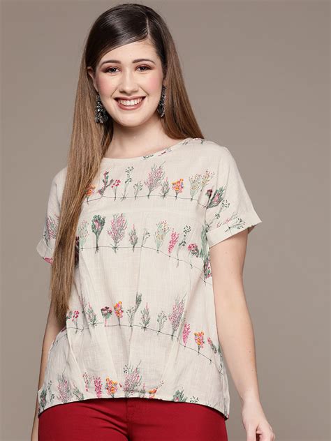 Buy Ishin Women's Off White Floral Boxy Top