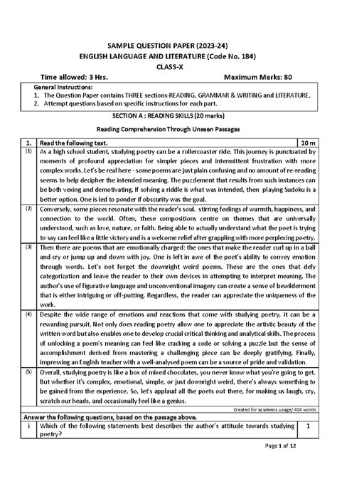 Eng-3 - VERY HELPFUL - SAMPLE QUESTION PAPER (202 3 - 24 ) ENGLISH ...