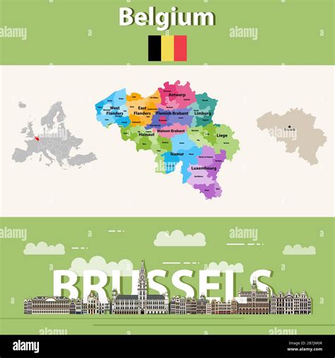 Belgium administrative divisions map colored by provinces. Brussels cityscape colorful poster ...