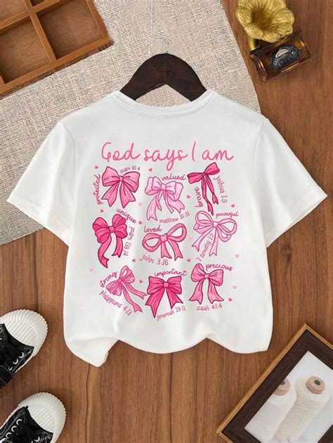 Tween Girl's Cartoon Bow Print Round Neck Short Sleeve Tee Spring And ...