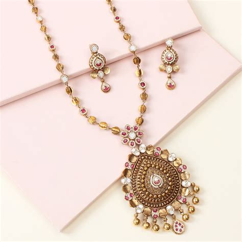 Gold Plated Red & White Dainty Heritage Haram with Earring – The Velli Shop