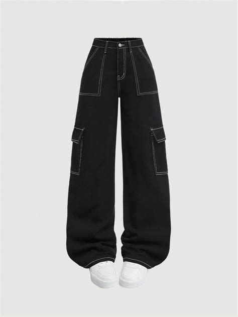 Black wide leg loose jeans with two-color stitching in Y2K style for ...