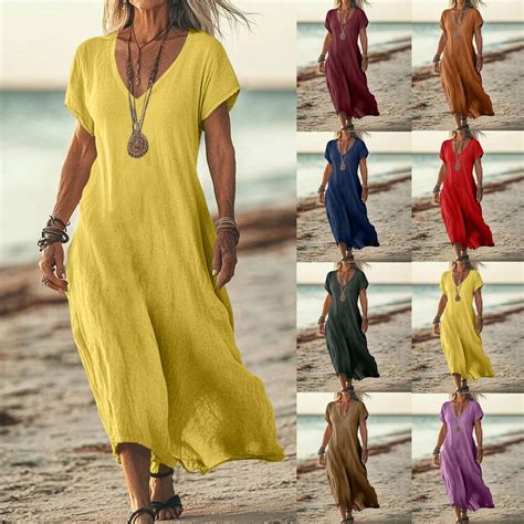 Feancey Linen Casual Dresses for Women Flowy V Neck Short Sleeve Maxi ...