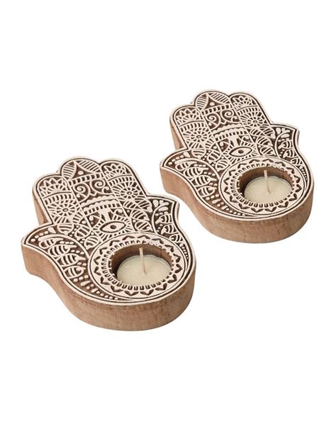Buy | Brown & White 2 Pieces Wooden Palm Shaped T-Light Candle Holders ...