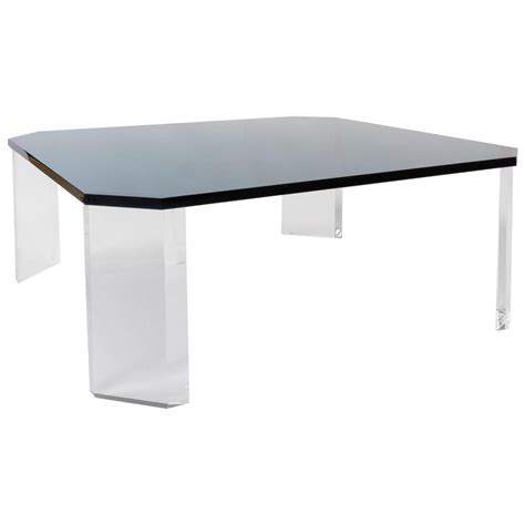 Chic Square Brown Lucite Coffee Table with Brass Accents at 1stDibs