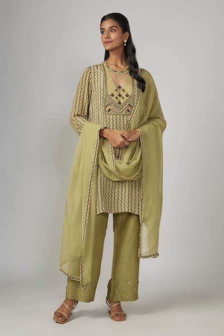 Buy Green Crepe Embroidered Cutdana Round Mirai Yoke Kurta Pant Set For ...
