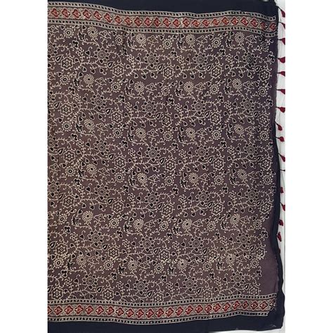 Ajrakh hand block printed natural dyed Modal Silk saree with Tassels ...