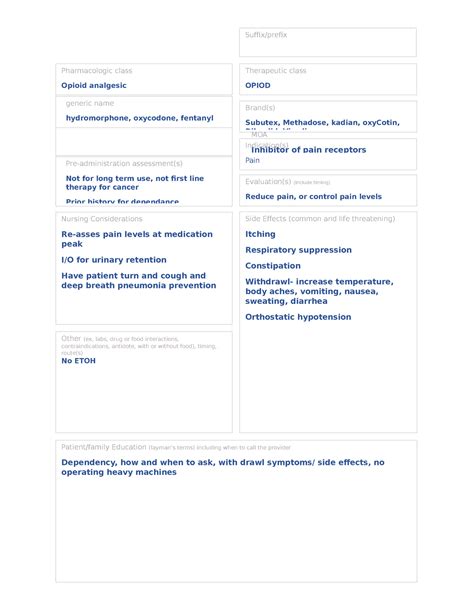 Opioid Medication sheet - generic name hydromorphone, oxycodone ...