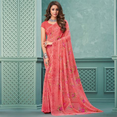 Pink Floral Printed Georgette Saree