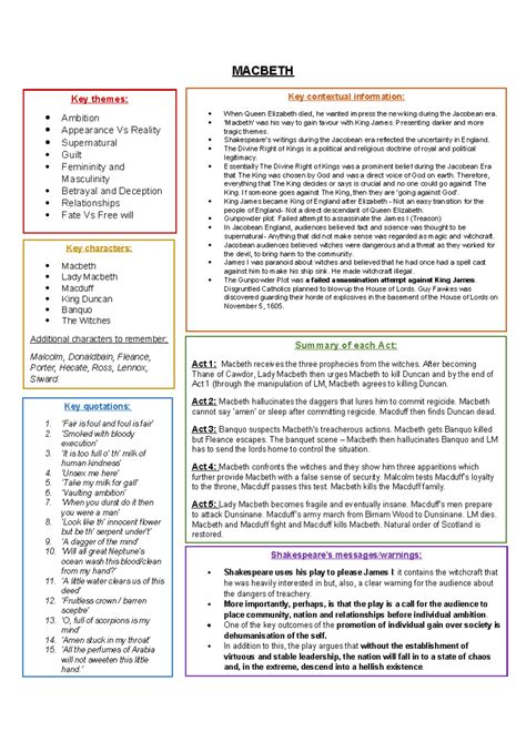 MACBETH Revision Key Themes, Context, and Act Summaries - Studocu