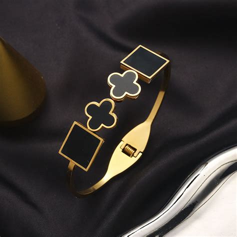 Gold plated stainless steel waterproof Black lucky clover bangle brace ...